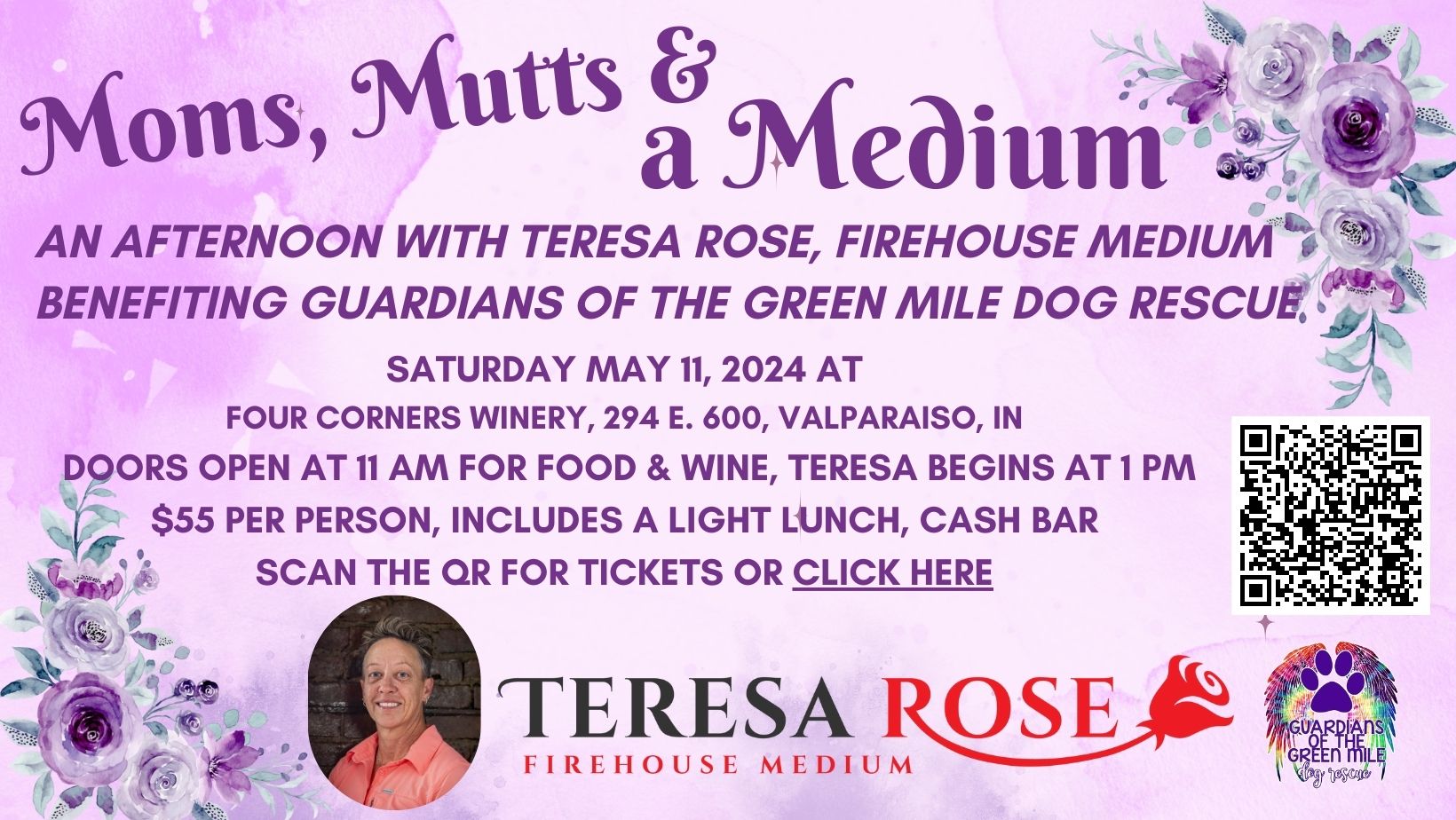 Moms, Mutts & A Medium - Teresa Rose Firehouse Medium benefiting Guardians of the Green Mile Dog Rescue